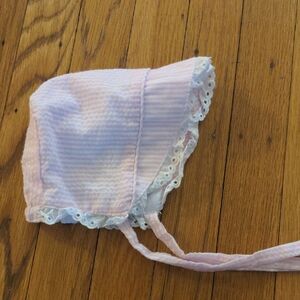 Pink And White Stripe Lace Trim Baby Bonnet